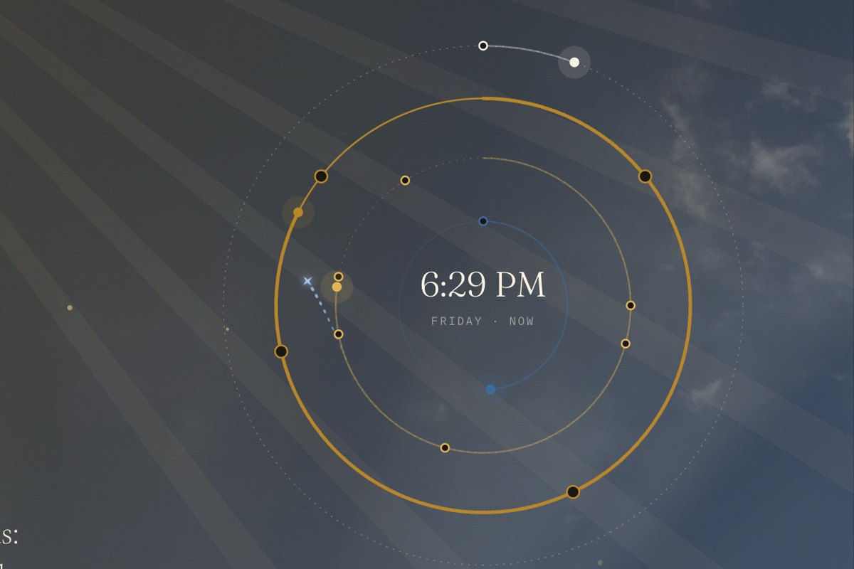 The Teaching page: Declare. Practice. Become. beside a live clock of the day's rhythms