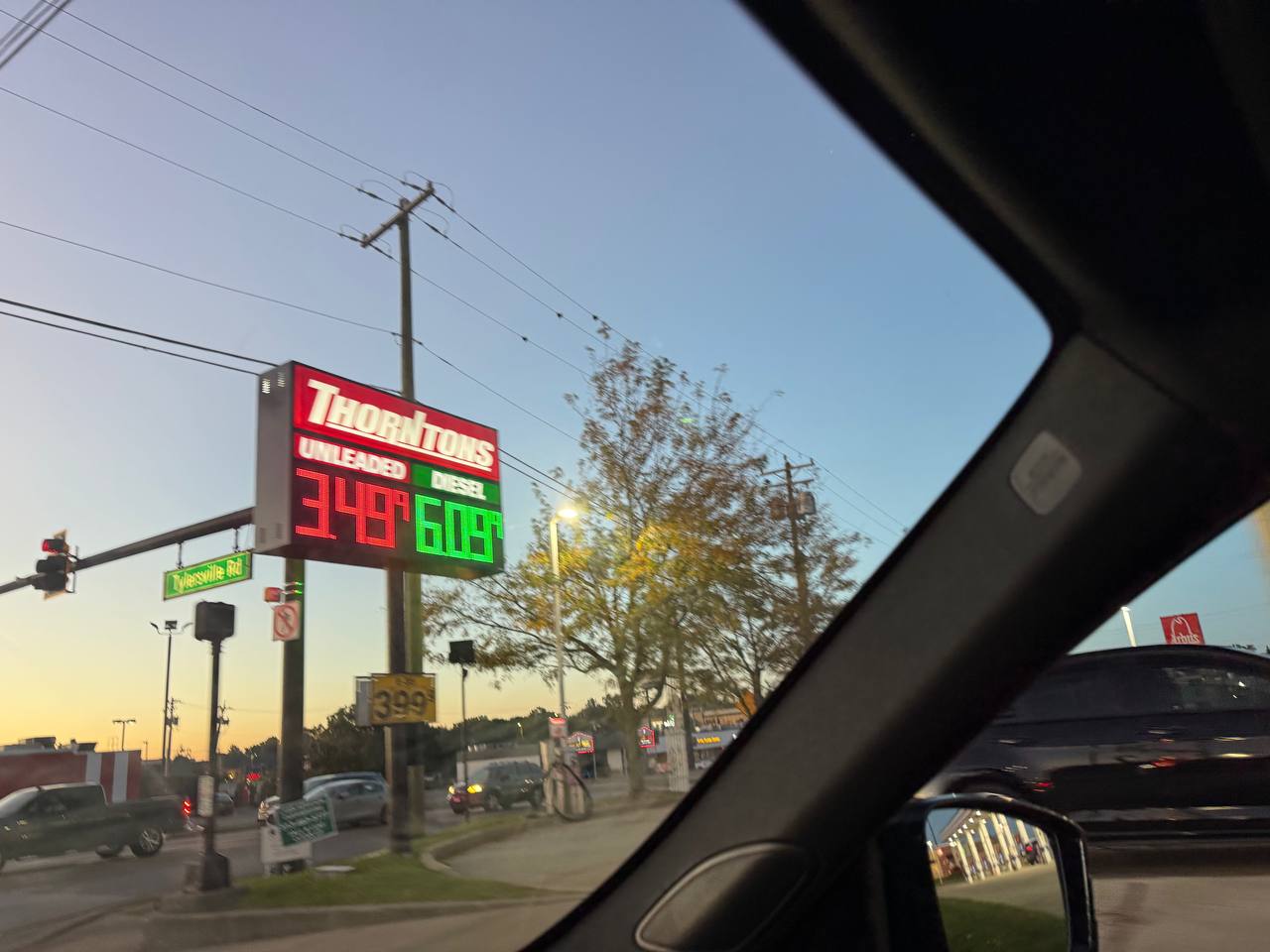 A Thorntons price sign at Tylersville Road: unleaded $3.49, diesel $6.09.