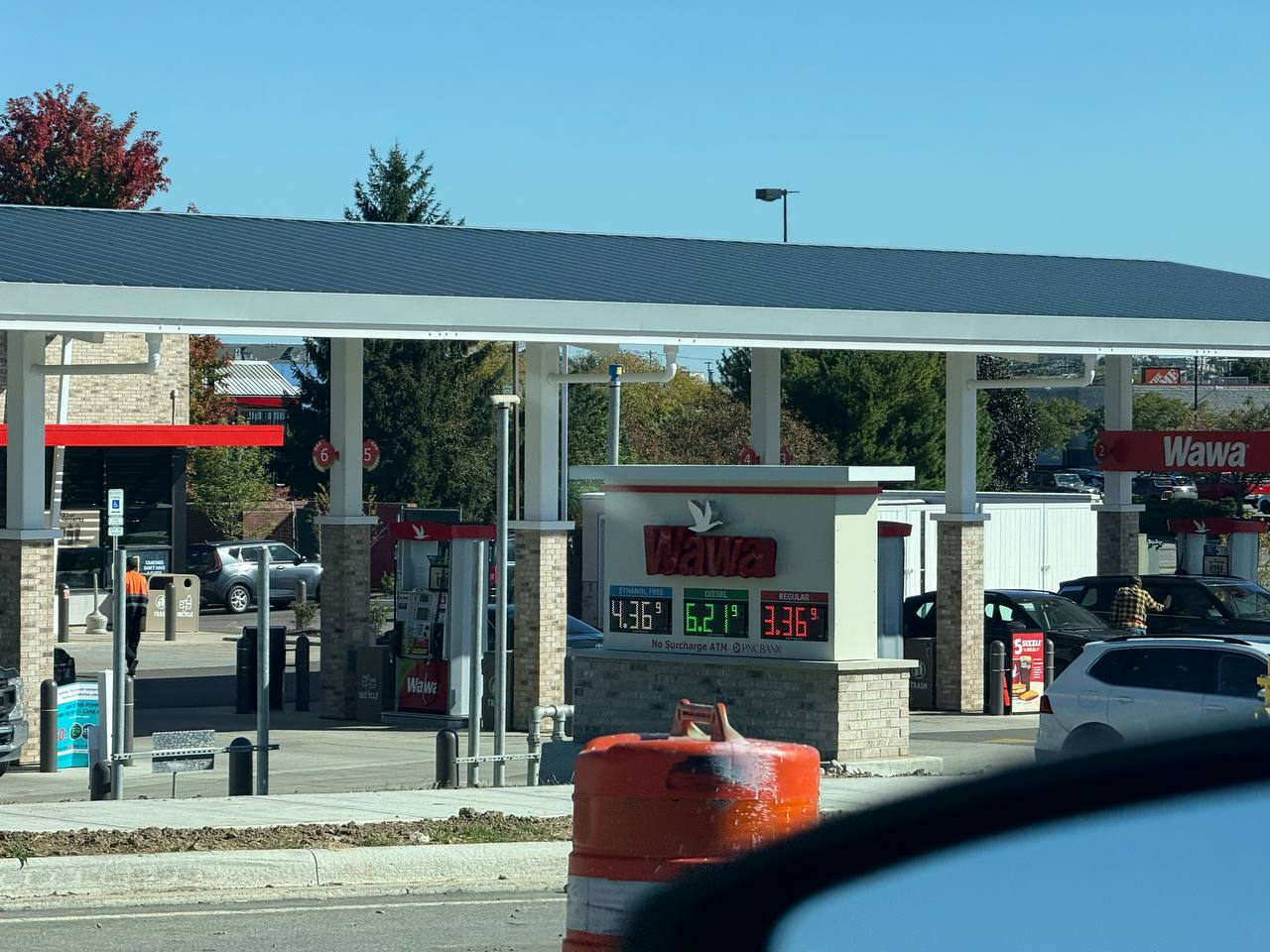 A Wawa price sign: ethanol free $4.36, diesel $6.21, regular $3.36.